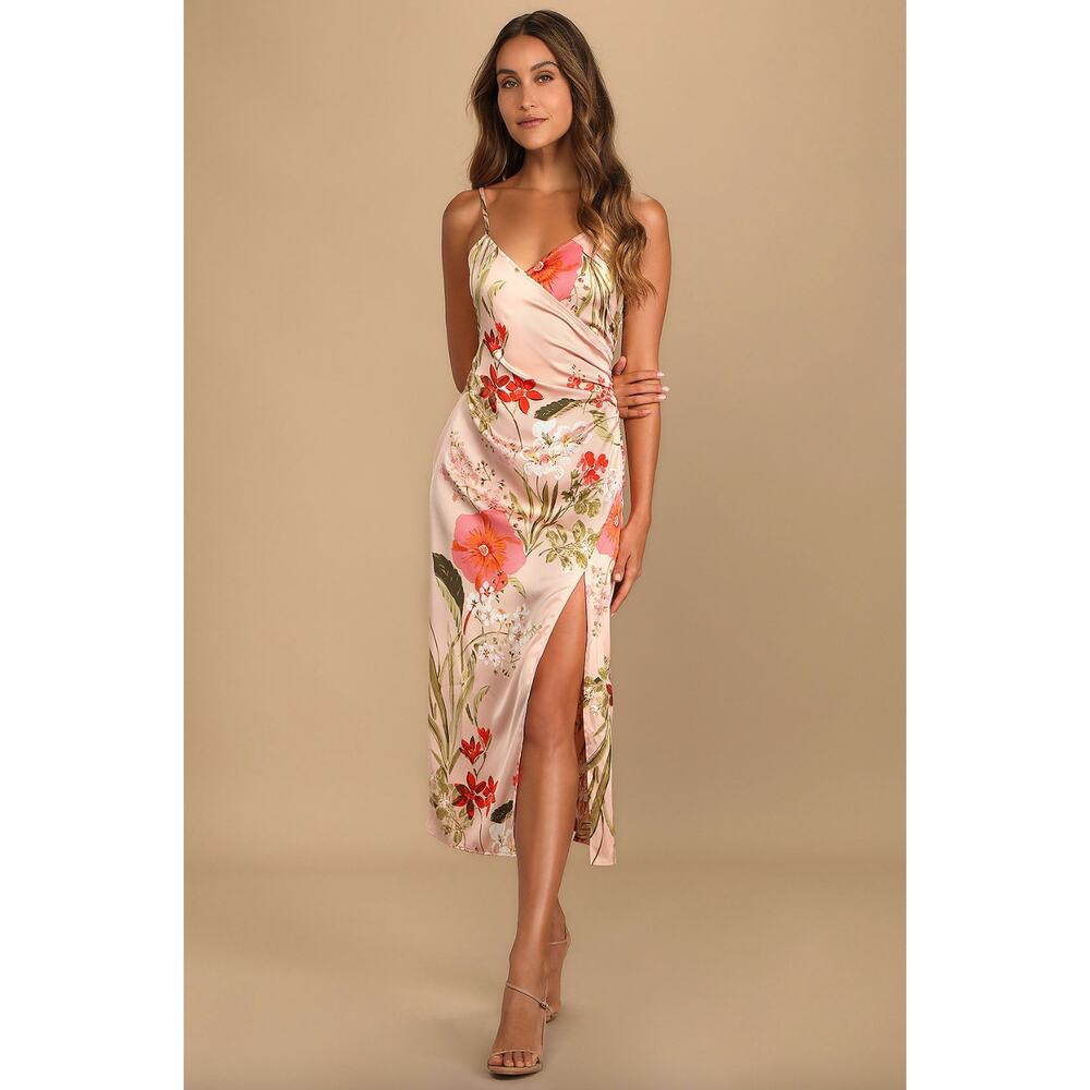 NEW Lulus Remarkable Entrance Pink Floral Print Satin Midi Dress Size S Party